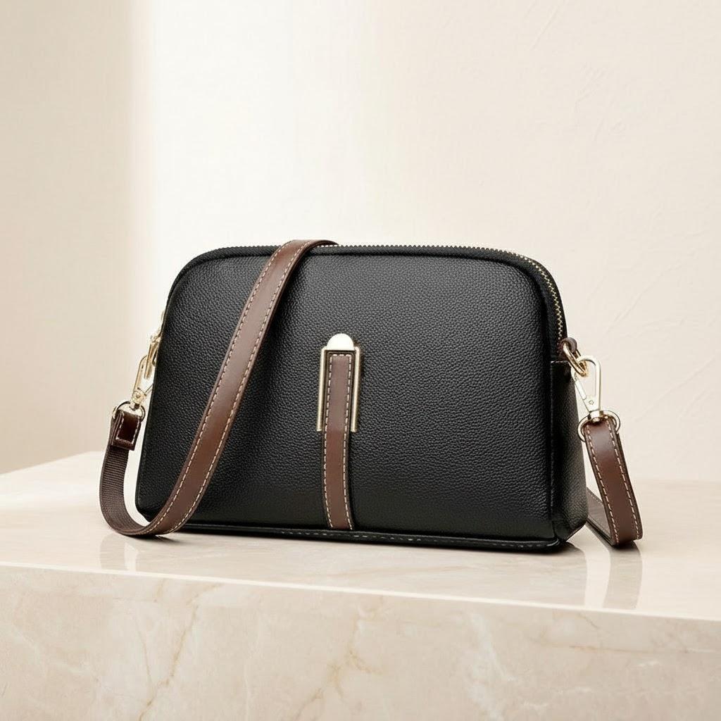 

Adjustable Shoulder Strap Double Zip Vintage Lychee Pattern PU Crossbody Bag Korean Simple Design Shell Handbag чёрный
