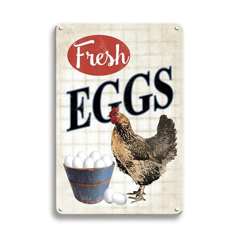 Farm Chicken Färska ägg Metall Plåtskyltar Vintage plakett Väggdekor Plåttallrik Retro affisch Bar Happy Farm Hem Väggdekor