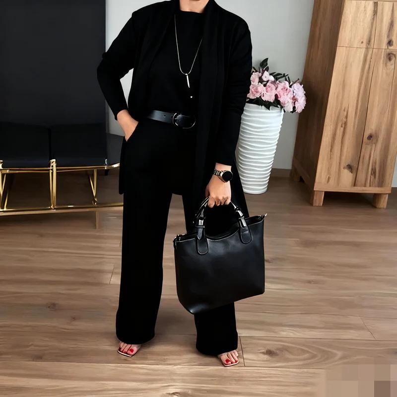 Béžový volný top s dlouhým rukávem a kalhoty 3dílná sada