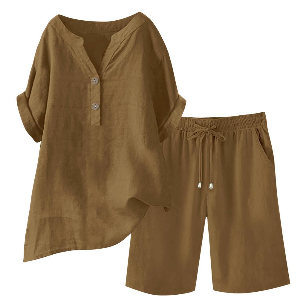 Bomull Linne 2-delade outfits för kvinnor Kortärmad V-ringad topp Vida ben Shorts Set Sommar Vardaglig Lös Lounge Set