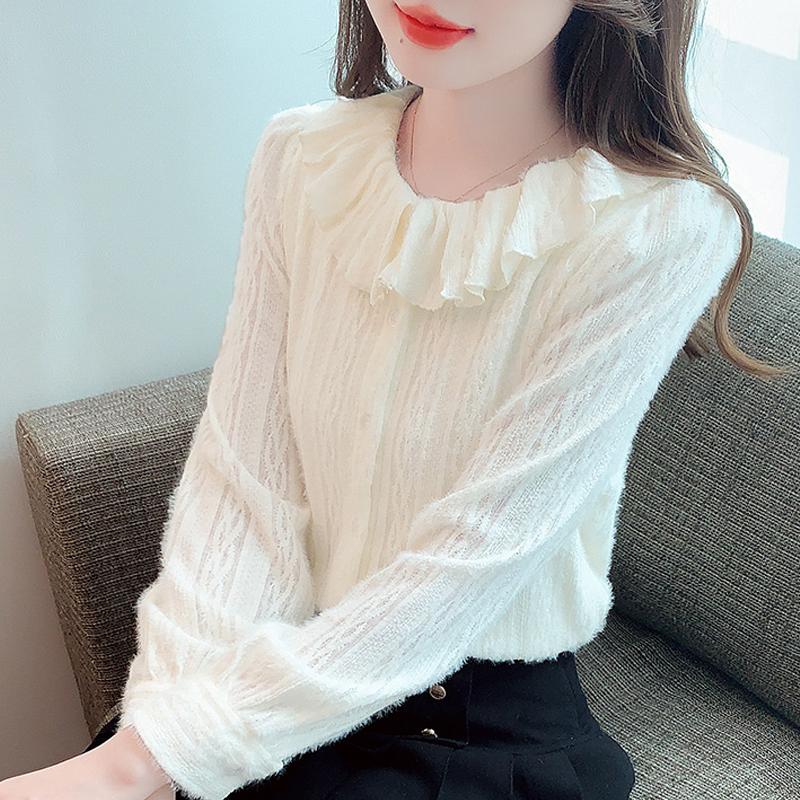 Winter Fashion New 2024 Long Sleeve Doll Collar Apricot Velvet Lace Blouse Shirt Women Tops Blouses Shirts J781