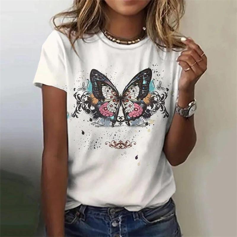 Summer Casual Vintage Women's T-shirts Ladies 3D Print Butterfly O-Neck T Shirt Female Fashion Loose Short Sleeve Tops Tees Y2K