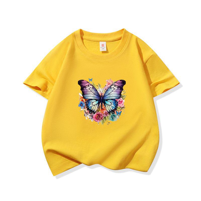 Kids Cotton T Shirt Colorful Floral Watercolor Butterfly Print Crew Neck Short Sleeve Tee Casual Boys Girls Summer Tops
