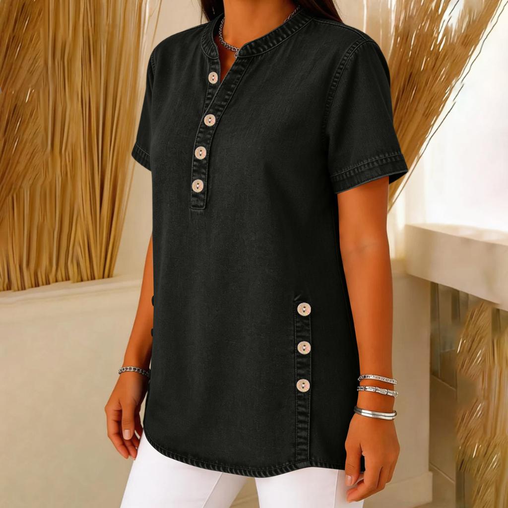 Women Casual Short Sleeve V Neck Button Front Top Lightweight Soft Fabric Relaxed Fit Tunic Blouse with Side Button Detail