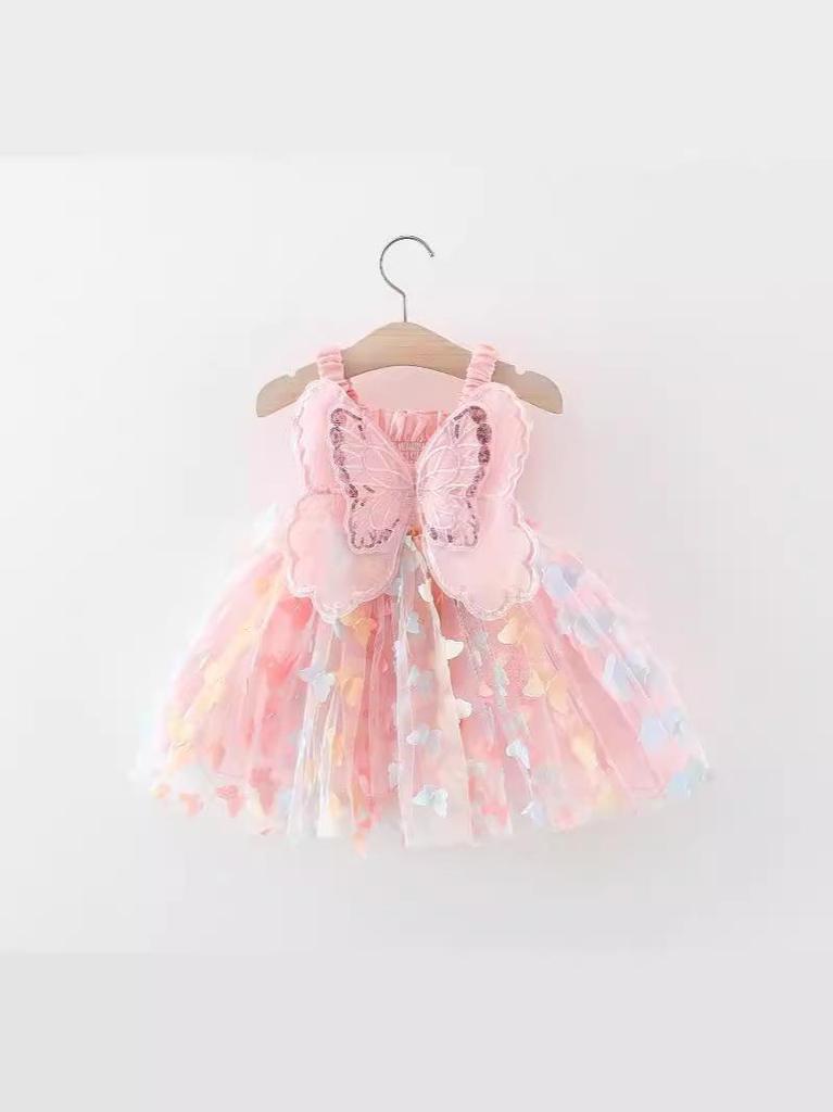 Girls' Summer Spaghetti Strap Mesh Dress with 3D Butterflies - Princess Style