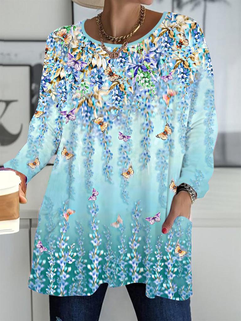 2025 Autumn Winter New Plus Size Women's Tops, Flower 3D Print Fashion Crew Neck Long Sleeve T-Shirts