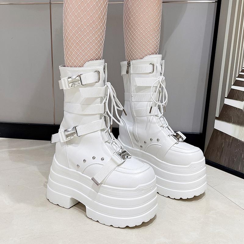 13CM Ultra-high Women's Platform Boots High Quality Leather Thick Sole Short Boots Retro Design Punk Lady Ankle Boot Botas Mujer