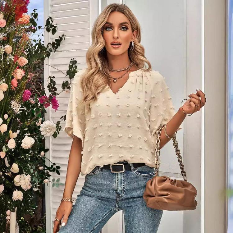 Women Casual Loose V-Neck Pullover Top Solid Color Blouse Half Sleeve Shirt Spring Summer S-XL