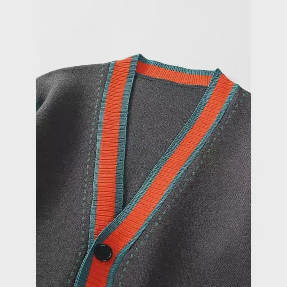 Pánský pletený kardigan s výstřihem do V - Móda jaro/podzim 2024, Svetr s barevnými bloky, Bunda v punkovém stylu