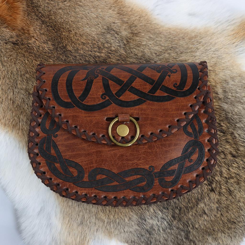 Medieval PU Leather Belt Waist Bag Two-Piece Set Viking Print Boat Shaped Pirate Halloween Retro Role Playing Costume Props