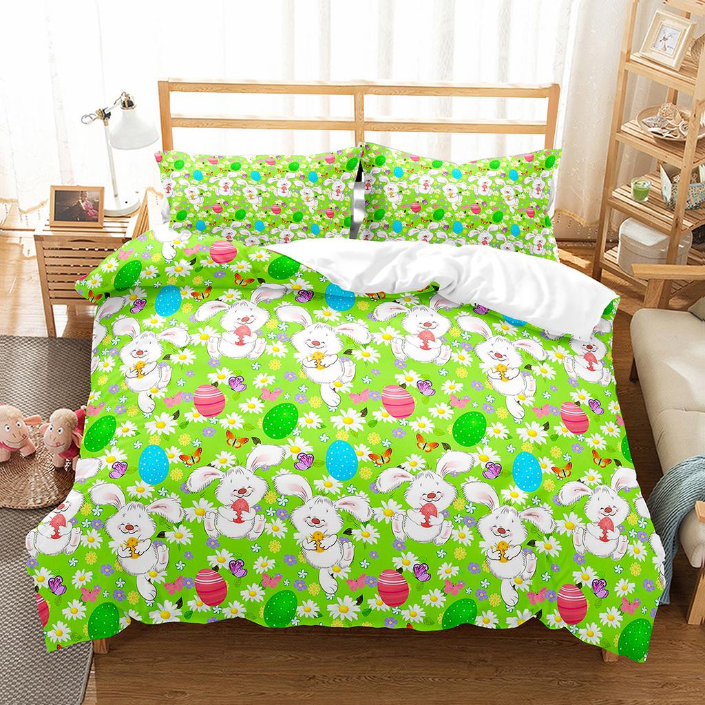 Cartoon Rabbit Duvet Cover Set Twin Queen Colorful Eggs Bedding Set Microfiber Floral Comforter Cover For Girls Boys Easter Gift