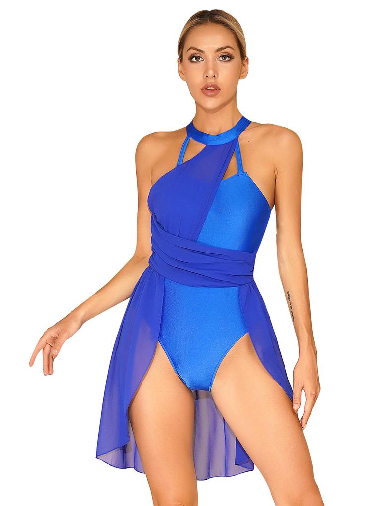 Costume de danse de gymnastique en mousseline de soie pour femmes, robe de danse lyrique, Costume contemporain moderne, col licou, vêtements de danse en mousseline de soie