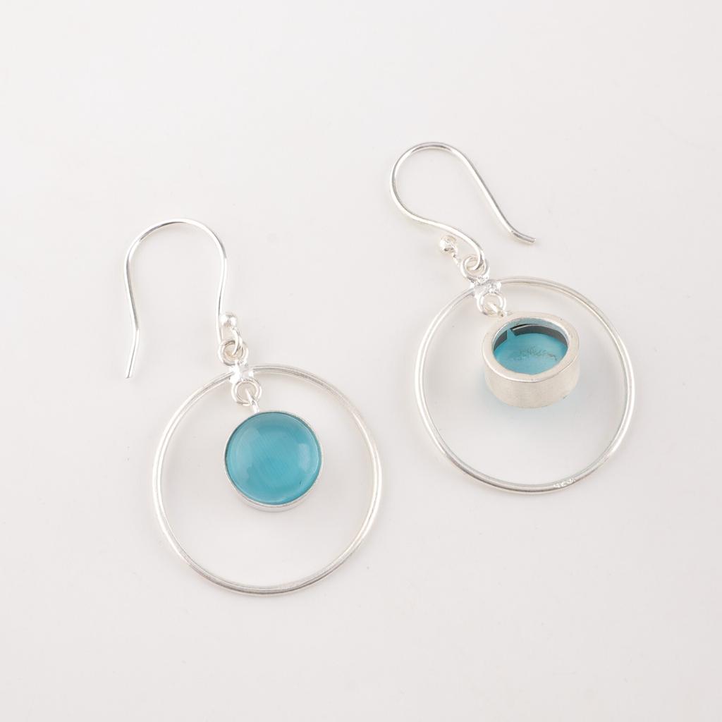 Blauer Katzenaugen-Edelstein 925 Sterlingsilber Schmuck Handgefertigte Ohrringe 1,60" EE-5-49