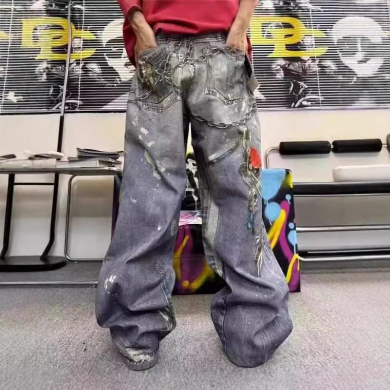 Unisex Vintage Distressed Denim Jeans With 3D Printed Chain Straight Cut Loose Fit Casual Pants