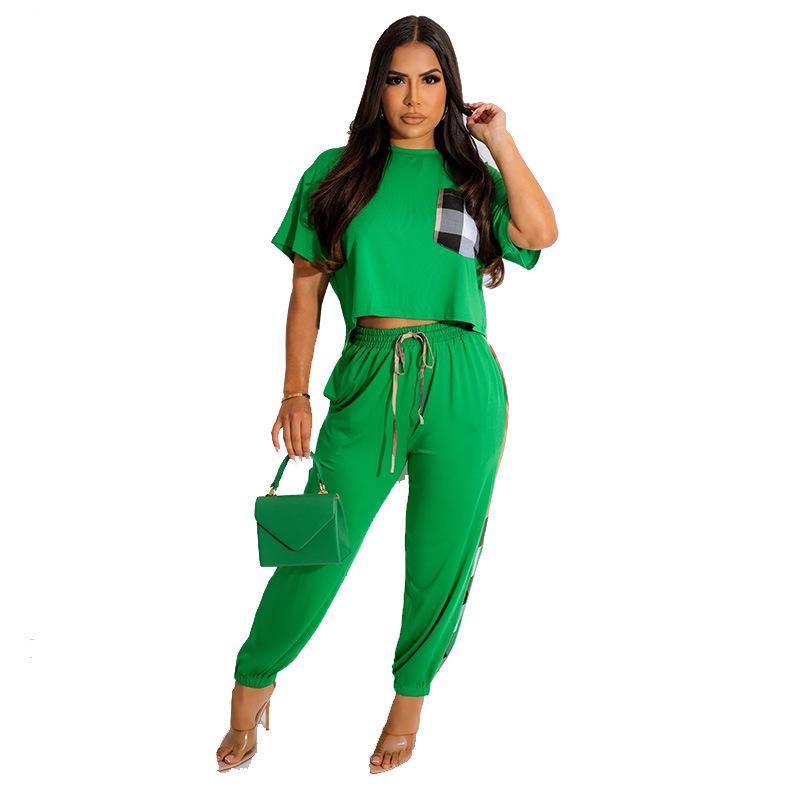 

Женский летний небольшой аромат с коротким рукавом и карманом, контрастный цвет, модный повседневный костюм из двух частей XXL зелёный