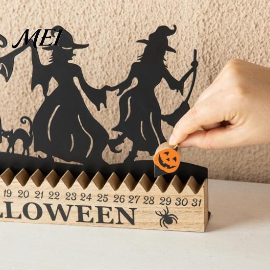 Festive Fireplace Accents Halloween Witch Silhouette Countdown Calendar with Pumpkin Bat Cat Decor, Wooden Happy Wood Ornaments Table Ornament