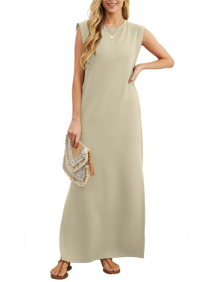 European and American new women's summer casual solid color round neck sleeveless loose long dress