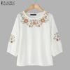 ZANZEA Women Casual Floral Embroidered Loose Half Sleeve Blouse