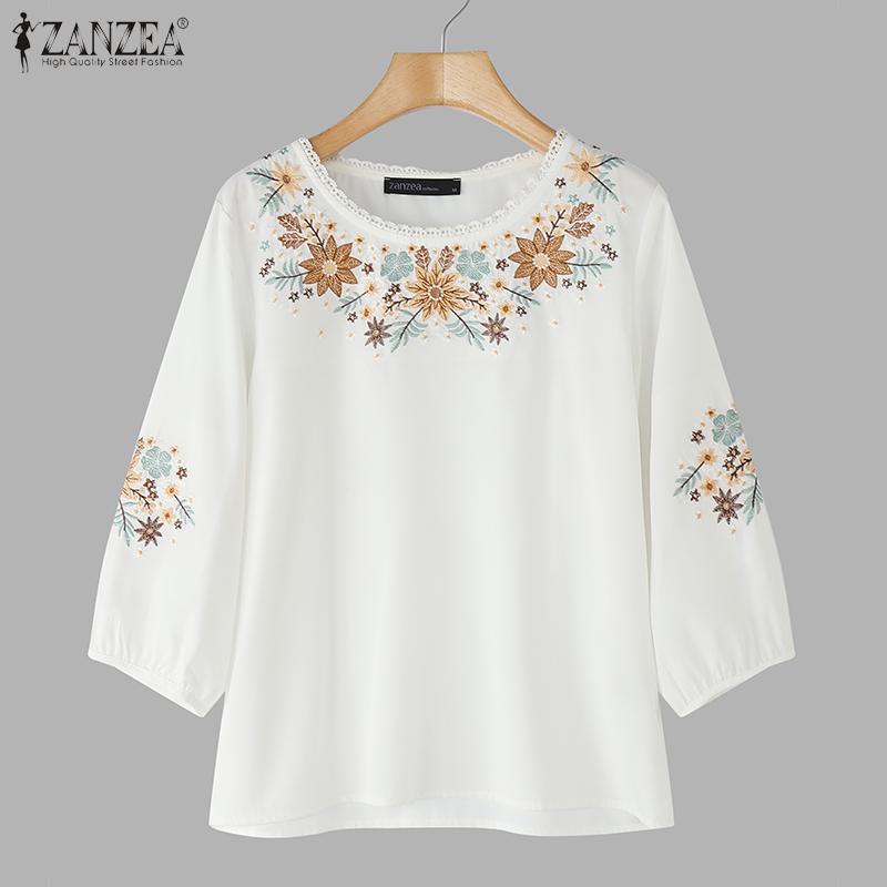 ZANZEA Women Casual Floral Embroidered Loose Half Sleeve Blouse