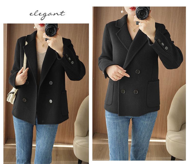 Women's Petite Double-Breasted Wool Cashmere Coat - Autumn/Winter Suit Collar Overcoat