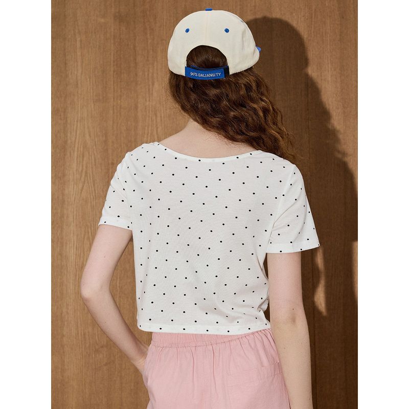 Coolhut2025 Summer Polka Dot Bow Tie Slim Short-Sleeved Retro Elegant Women's T-Shirt
