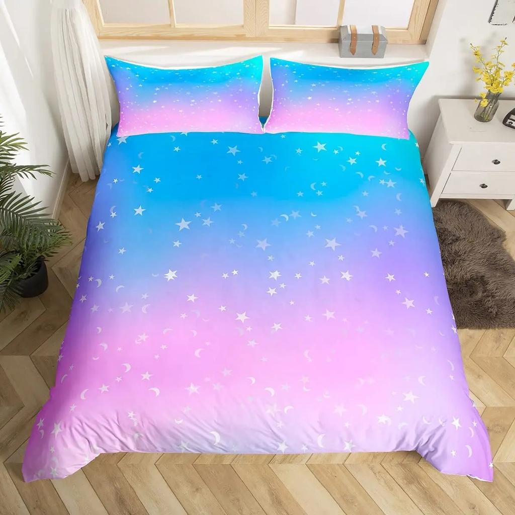 Sparkling Stars Bedding Set Galaxy Duvet Cover Pink Constellation Astrology Zodiac Nebula Comforter