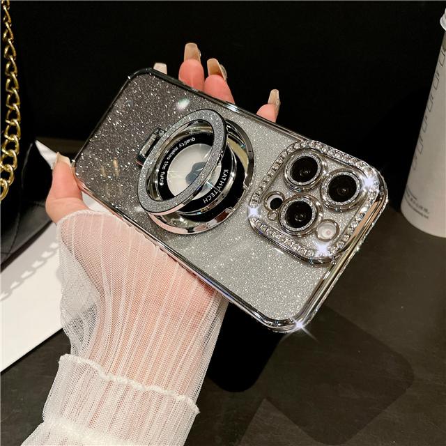 For iPhone 16 Pro Max Luxury Glitter Stand Holder Plating Flash Diamond Frame Phone Case For iPhone 11 12 13 14 15 16 Plus Cover