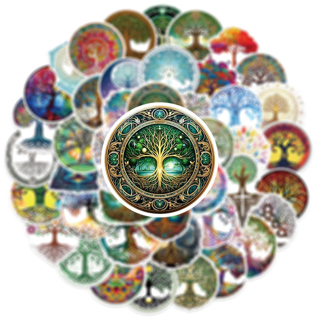 50Pcs Nordic-Style Tree Of Life Graffiti Stickers Retro Pattern Totem Tree Cartoon Decal Diy Luggage Phone Scrapbook Kid Toys