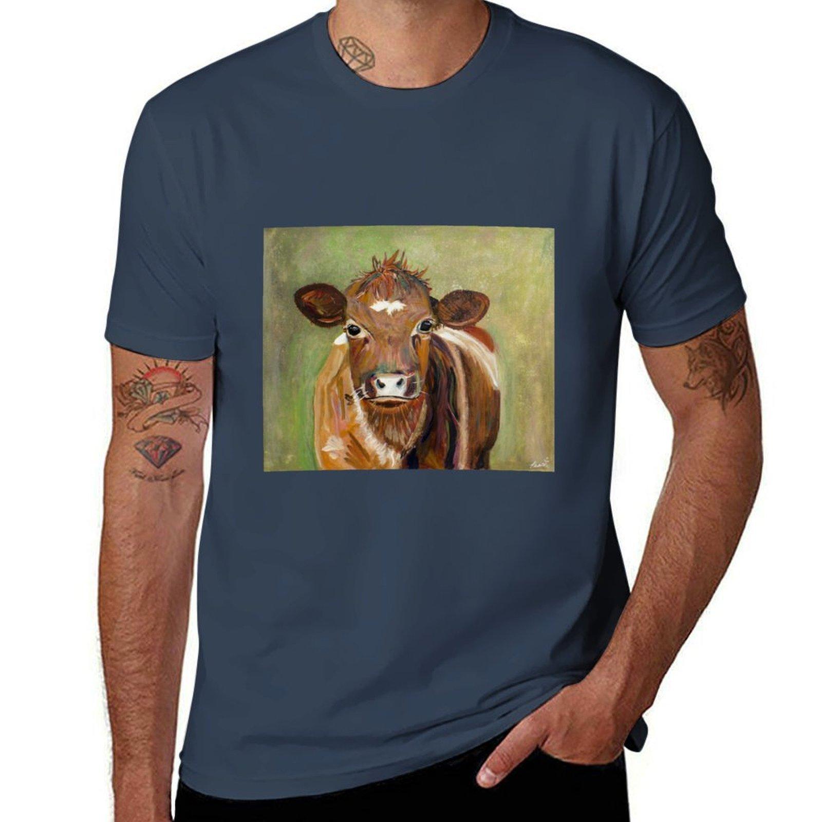 Cow Shorthorn Brown And Green By Pascale Breton Tshirt Holiday Simple Tee Shirt S