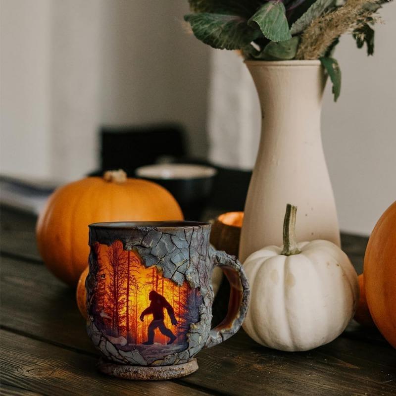 Bigfoot Forest Fire Mug, Forest Fire Design with 3d Relief Mug, 3D Vintage Sasquatch Bigfoot Outdoor Coffee Gifts Cup