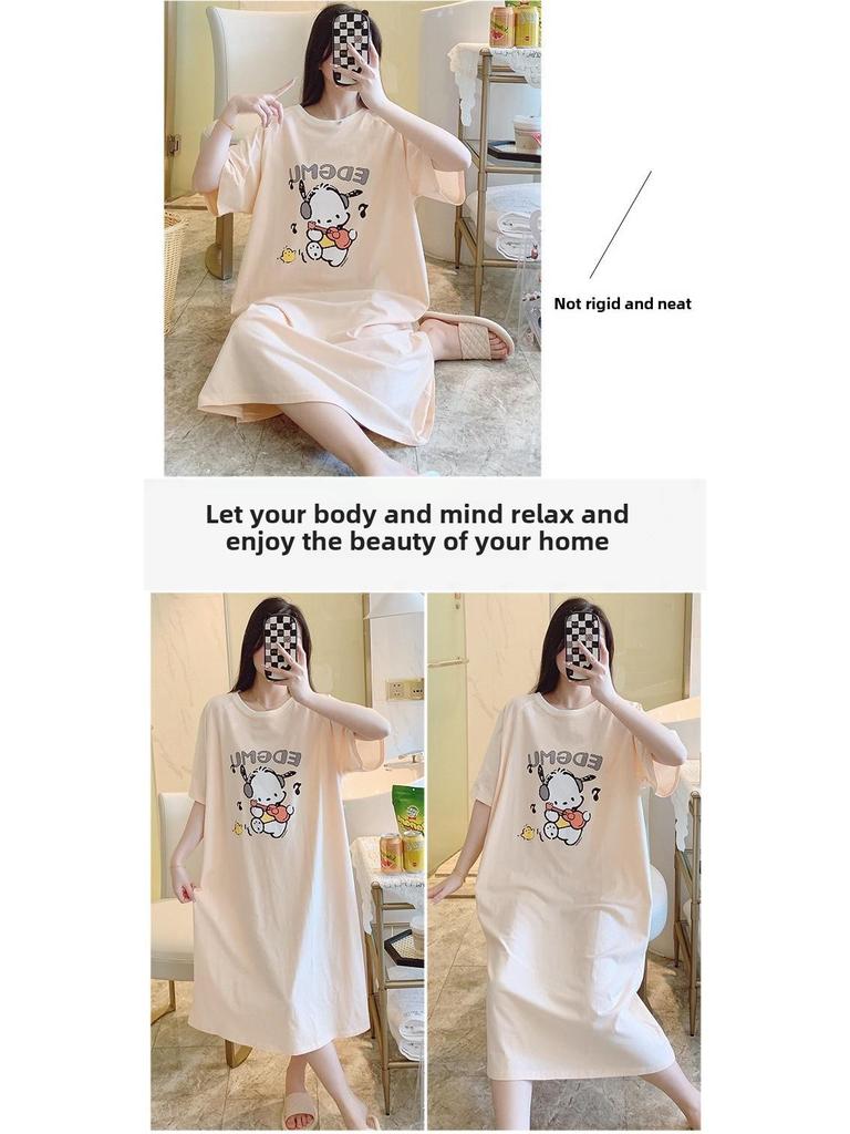 Women's Plus Size Summer Cartoon Nightdress – Lightweight, Round Neck, Short Sleeves, Mid-Length