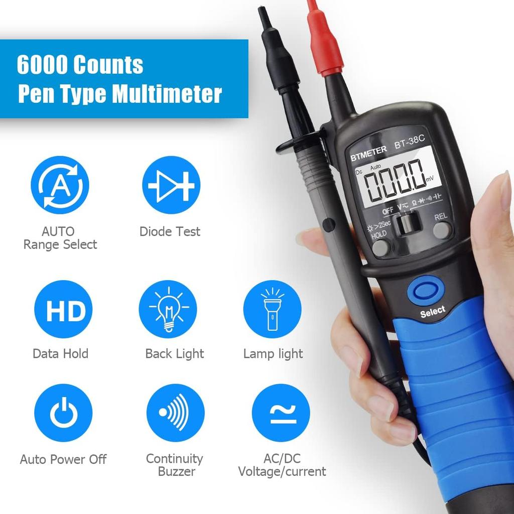 Pen Type Digital Multimeter BTMETER BT-38C AC DC 600V High Voltage Tester 60M Ohm Resistance Capacitance Diode Test Continuity Alarm Backlit LCD Lamp
