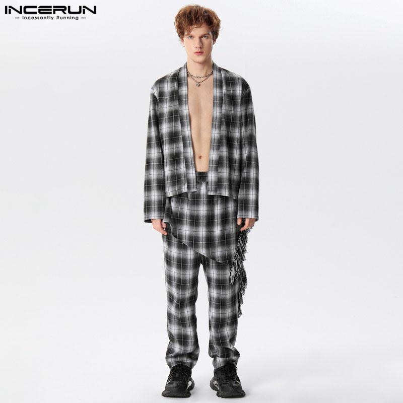 

INCERUN 2 шт. мужские клетчатые топы с длинными рукавами и длинные брюки