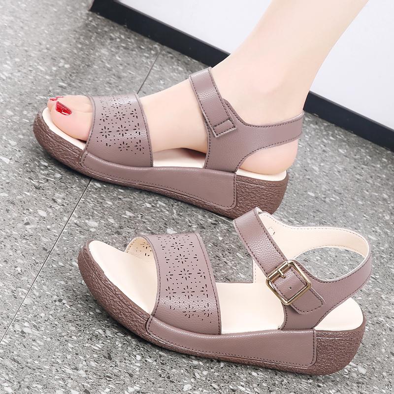 Women Beige Wedge Chunky Sandals Casual Brown Height Increase Platform Sandals for Mother Over Sized