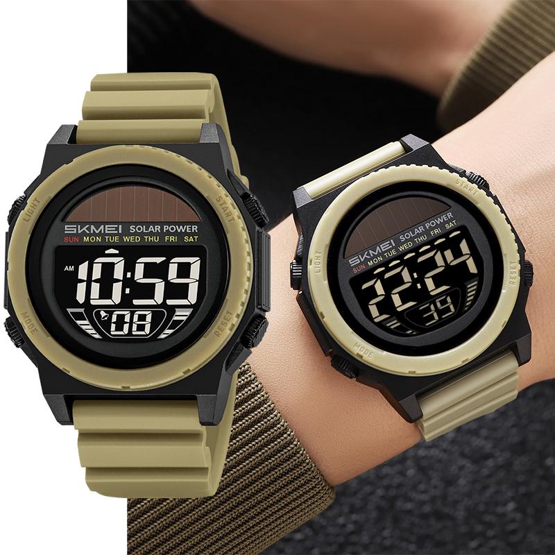 Skmei Solar Energy Digital Watches forMens LED Waterproof Swimming Chronograph TPU Strap Date Week Military Sports Wristwatch