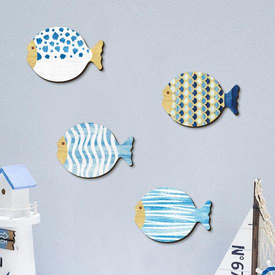 Yousheng 4Pcs/Set Wooden Fish Wall Decoration Farmhouse Rustic Nautical Fish Wall Art Sculpture Home Living Room Bathroom Bedroom Wall Decorative Sign