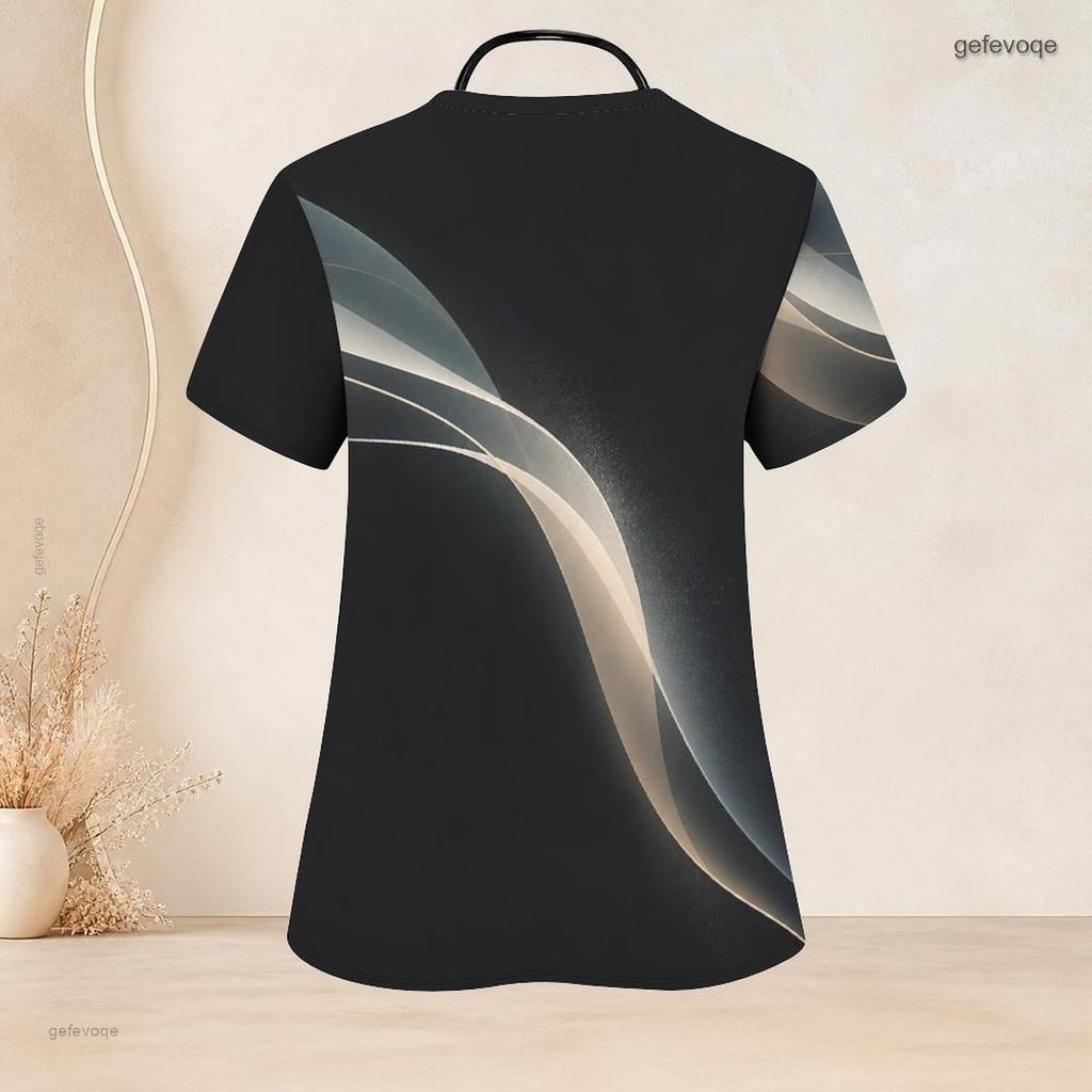 Women Plus Size Black Printed Nurse Scrub Top V Neck Short Sleeve With Front Pockets