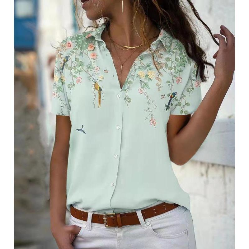 Women's Fashionable Printed Top, Casual Short Sleeved Loose Button Shirt
