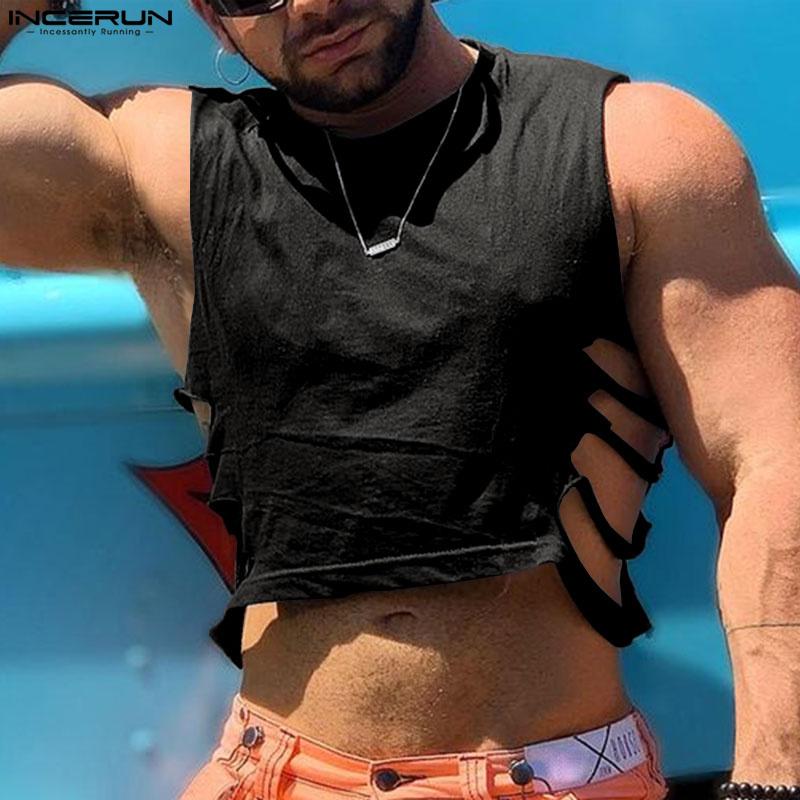

INCERUN Летний мужской ажурный приталенный жилет пляжный с круглым вырезом в стиле хиппи укороченные топы