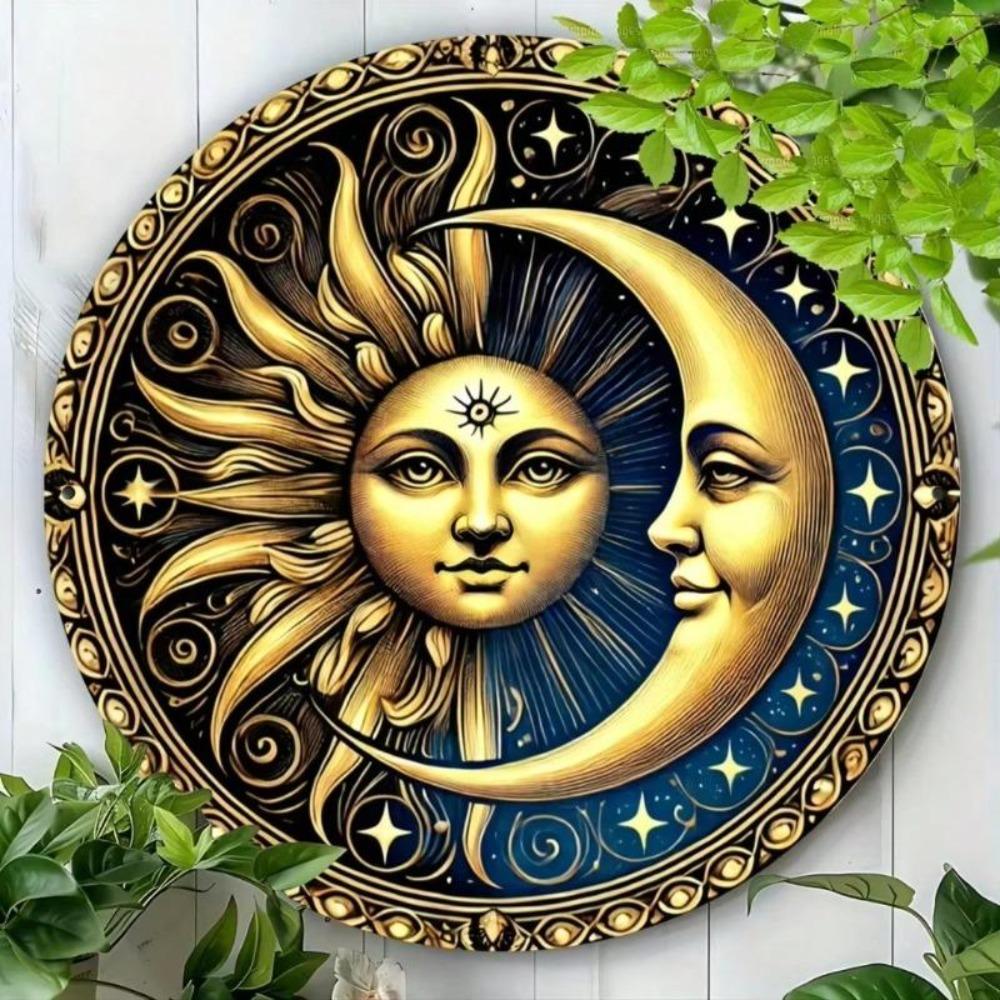 Sun Moon Metal Wall Decor 8 Inch Round Sign Solar Lunar Art Home Cafe Bar