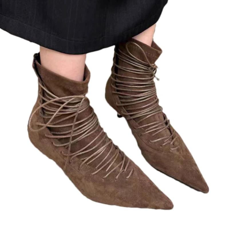 Women's Boots Fashion Lace Up Ankle Boots High Quality Suede Casual Boot Temperament Pointed Short Boot Women High Heeled Boots