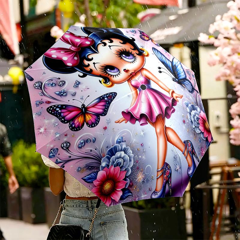 1pc Sturdy 8-Bone Auto Umbrella, Betty Boop Umbrella, Digital Printed, Foldable Umbrella for On-the-Go Outdoor Use