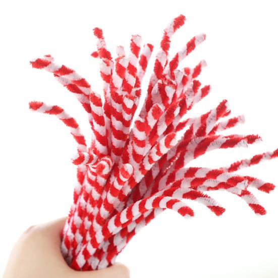 100 Pcs Christmas Pipe Cleaners 50 Red White Striped And 50 Red Thick Fluffy Chenille Stems for DIY Arts Crafts Christmas Decoration