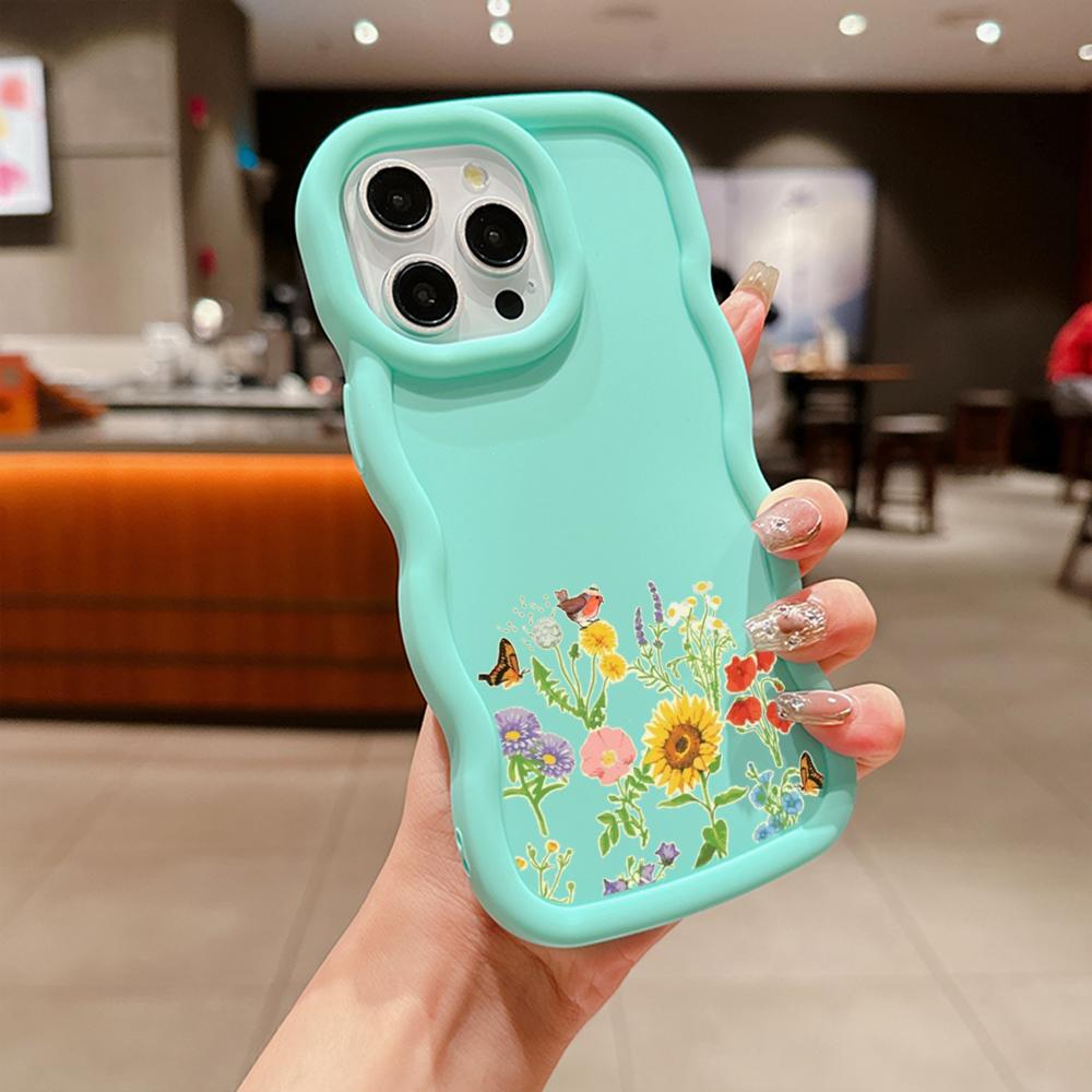 N75 Butterflies Flowers Macaron Wavy Edge Phone Cases for iPhone 16 Pro Max Samsung S24 S23 Ultra A35 A54 A55 Xiaomi Redmi Note 13 Shockproof Cover