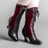 Vintage Block Heel Green Lace Up Boots For Women Wide Calf Riding Boots Fashion Color Blocking Patchwork Western Knight Shoes