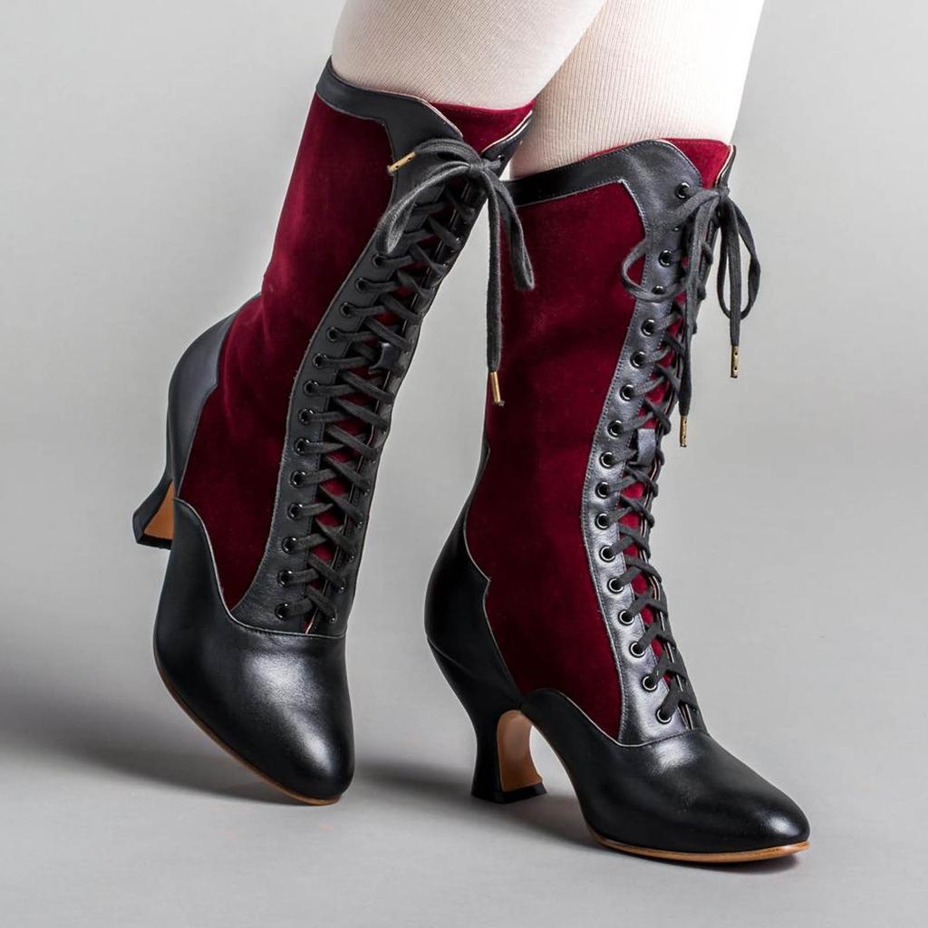 Vintage Block Heel Green Lace Up Boots For Women Wide Calf Riding Boots Fashion Color Blocking Patchwork Western Knight Shoes