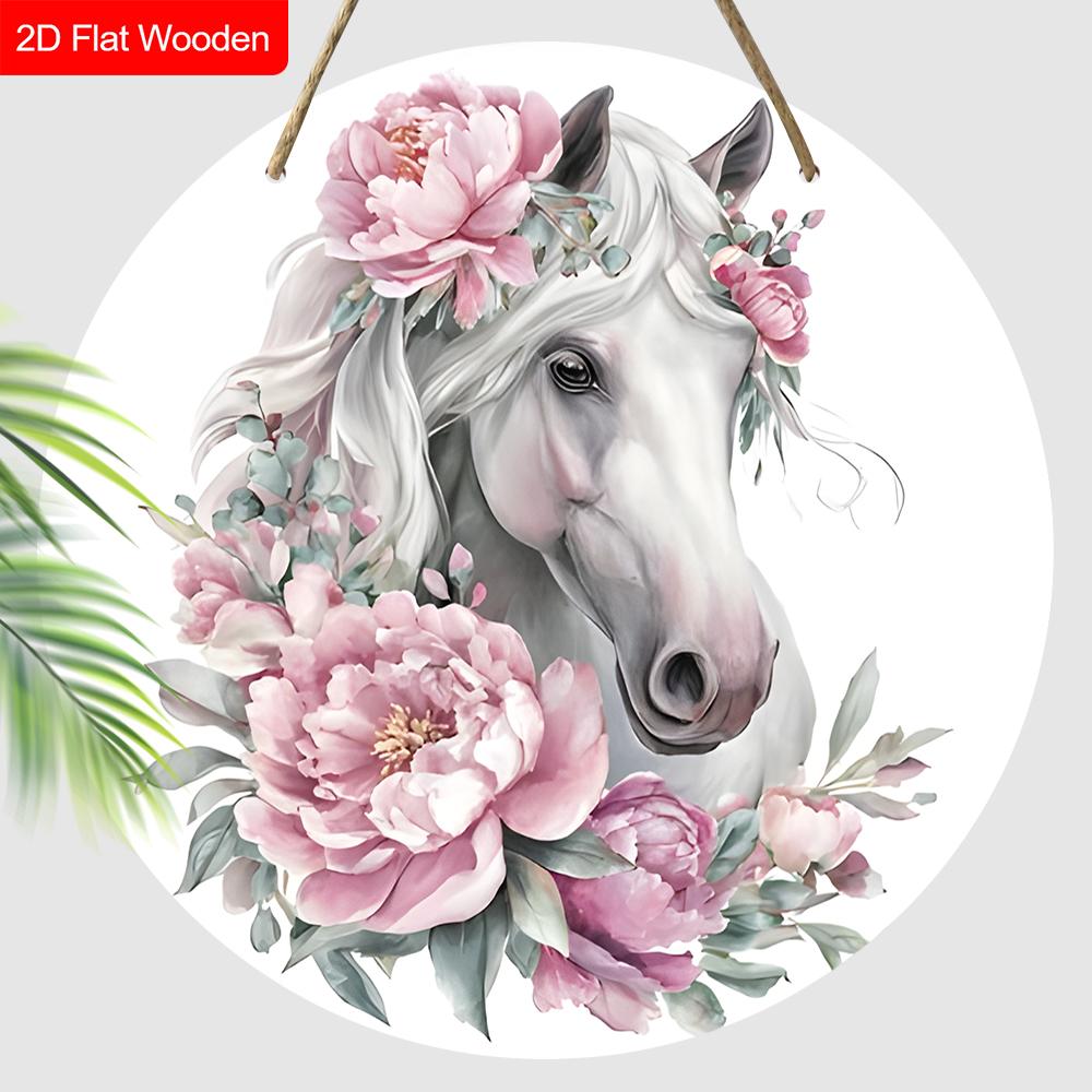 

Elegant Wooden Sign with Pink Flowers & Horse Pattern - Charming Round Sign for Front Door, Wall Hanging Decor - Ideal Gift for Friend & Family розовый