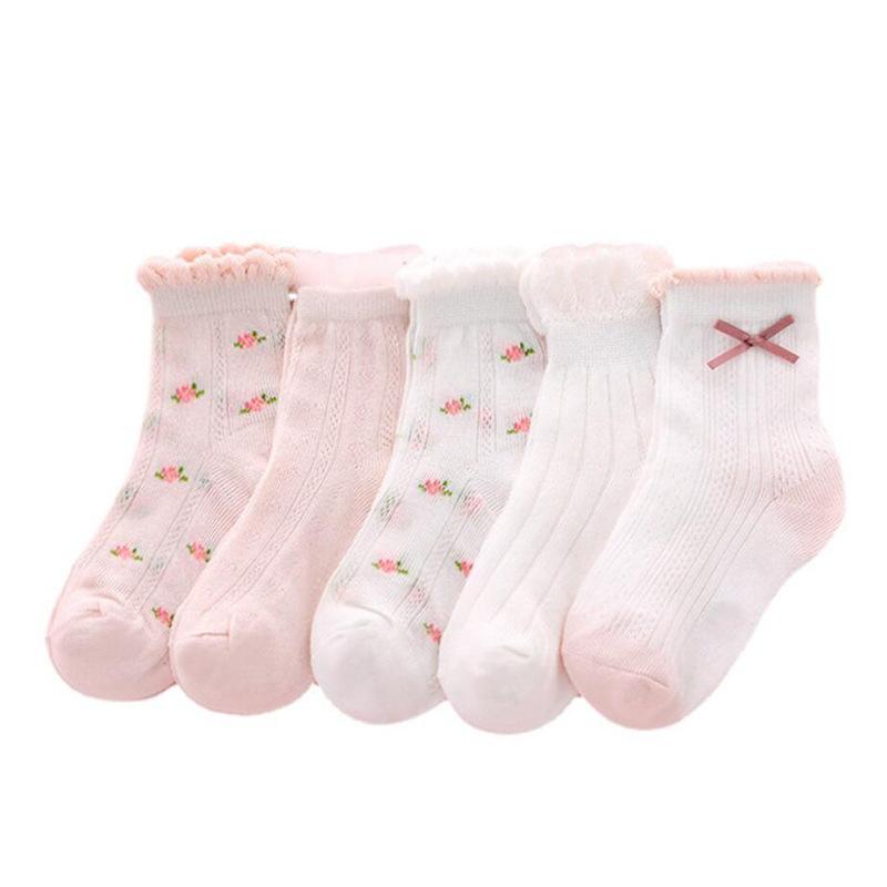 5 Pairs Kids Socks Spring Summer Cotton Girls Socks Cute Flowers Strawberry Pattern Children Baby Sock Mesh Thin Summer Socks