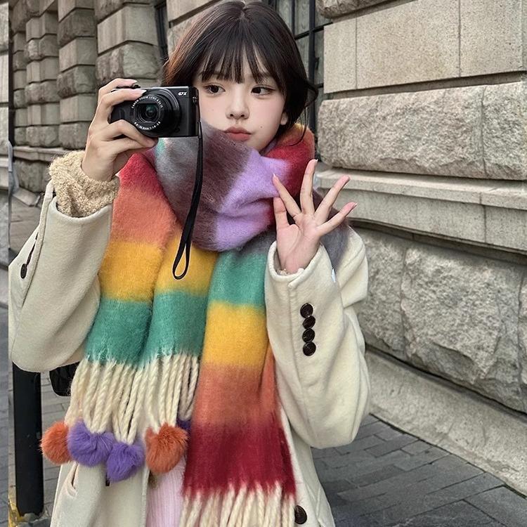Wind Dopamine Color Stripe Hanging Ball Scarf Warm Student Premium Versatile Scarf