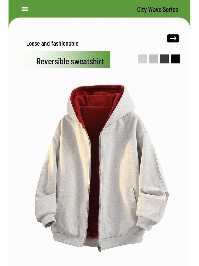 Men's Reversible Trendy Loose Hooded Jacket, Black/Light Gray, Spring/Autumn Casual Sportswear.